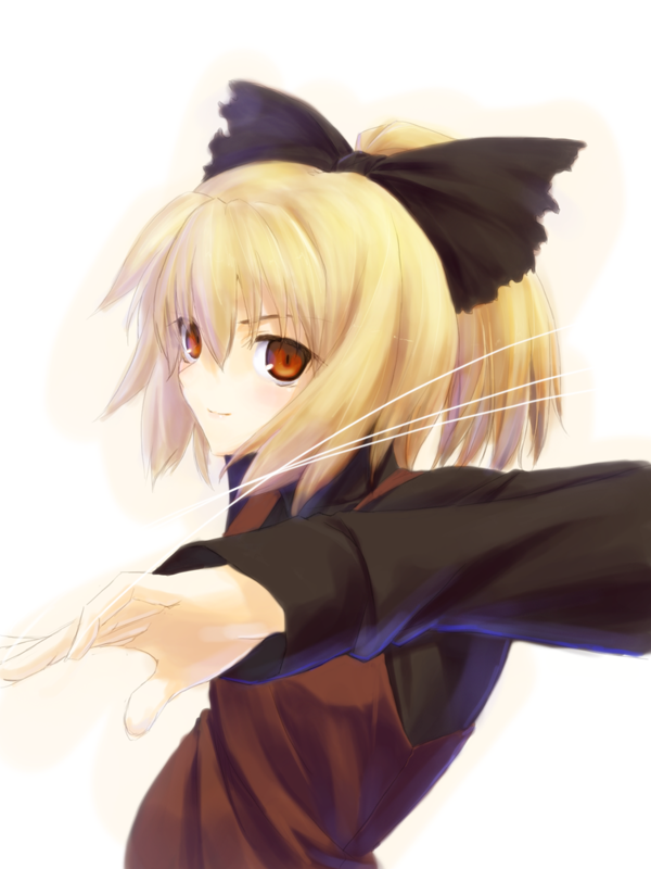 blonde_hair, bow, brown_eyes, dress, hair_bow, kurodani_yamame, matsuki_(artist), matsuki_akira