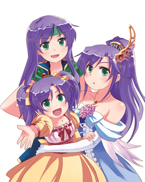 aqua_eyes, bare_shoulders, doseki_udon, dress, dual_persona, elbow_gloves, faris_scherwiz, final_fantasy, final_fantasy_v, gloves, hair_ornament, headband, multiple_persona, open_mouth, outstretched_arm, outstretched_hand, ponytail, purple_hair, reaching, sarisa_highwind_tycoon, time_paradox, twintails, young
