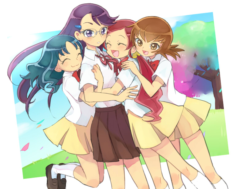 ^_^, blue_hair, brown_eyes, brown_hair, cherry_blossoms, closed_eyes, dress, female