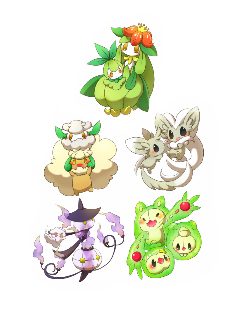 chandelure, cinccino, cottonee, duosion, highres, hisui_suzuhana, lampent, lilligant, litwick, minccino, no_humans, petilil, pokemon, pokemon_(creature), pokemon_(game), pokemon_bw, reuniclus, simple_background, solosis, whimsicott