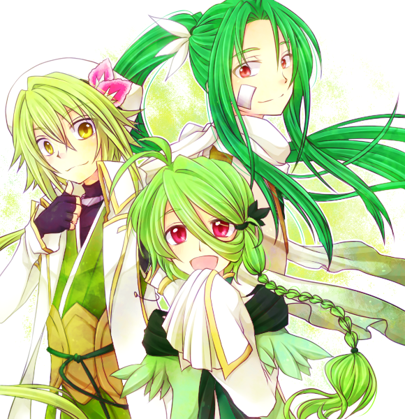 1girl, 2boys, braid, green_hair, hat, hisui_suzuhana, long_hair, meganium, multiple_boys, open_mouth, personification, pokemon, pokemon_(game), ponytail, red_eyes, serperior, short_hair, smile, torterra