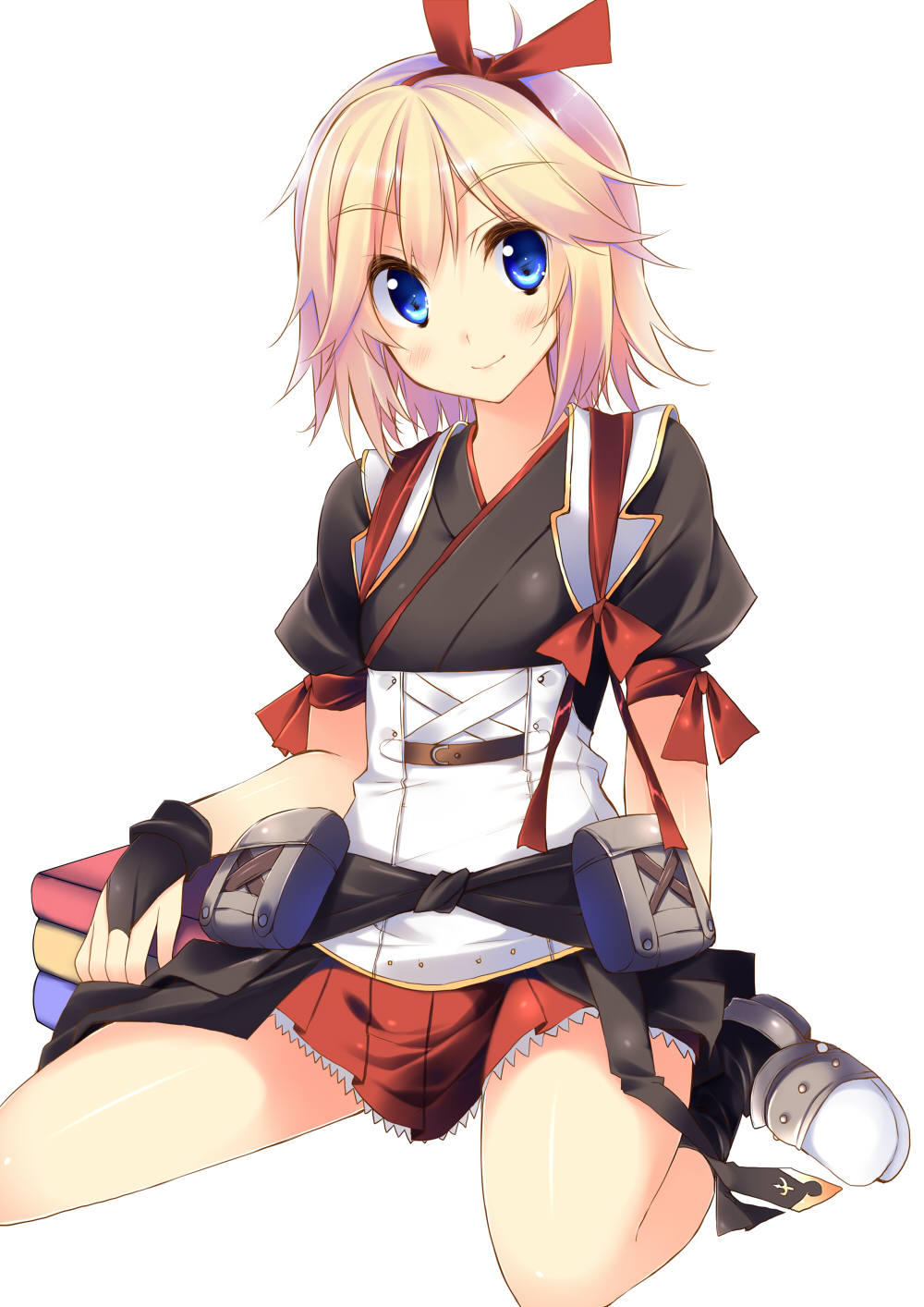 black_legwear, blonde_hair, blue_eyes, book, elena_(rune_factory_oceans), footwear, gloves, hair_ribbon