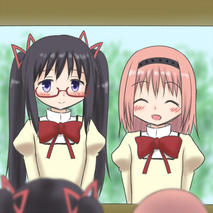 akemi_homura, alternate_hairstyle, bad_id, black_hair, blush, bow, glasses, hair_ribbon, hairband, hairstyle_switch, kaname_madoka, long_hair, mahou_shoujo_madoka_magica, multiple_girls, open_mouth, pink_hair, purple_eyes, qvqv, red-framed_glasses, reflection, ribbon, school_uniform, short_hair, smile, twintails, violet_eyes
