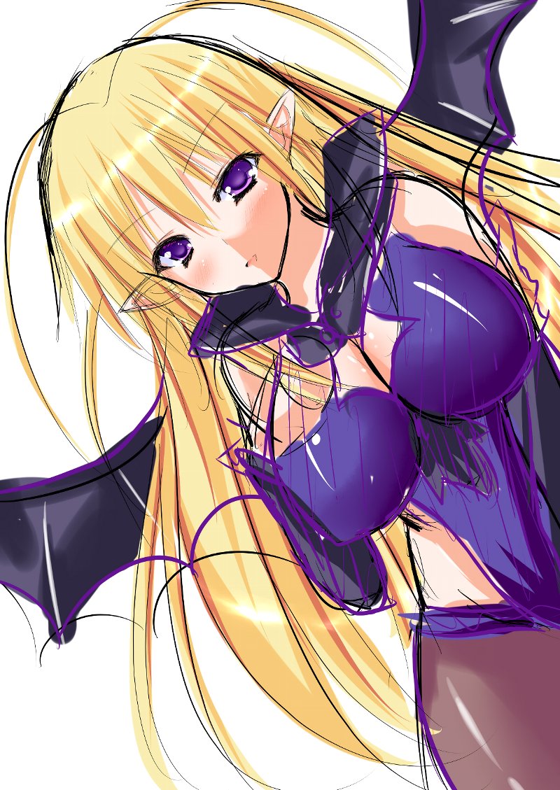 bare_shoulders, blonde_hair, breasts, cleavage, demon_girl, demon_wings, female, large_breasts