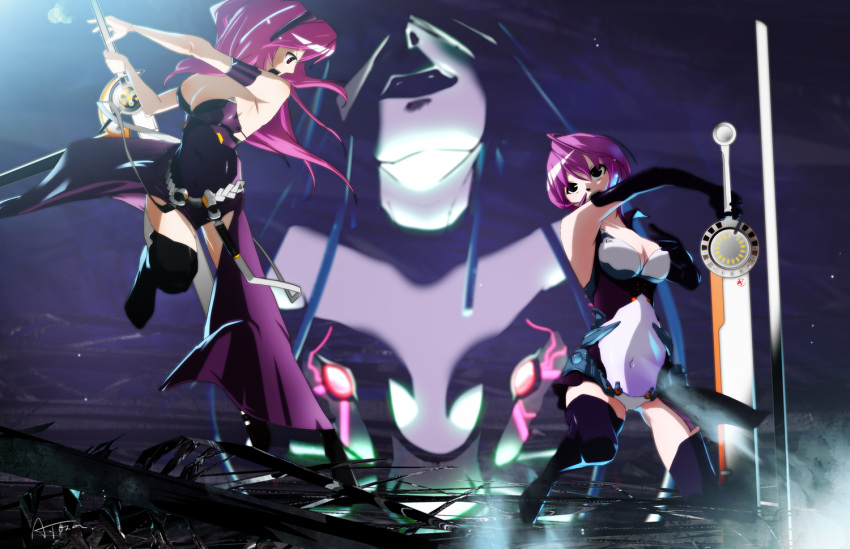 battle, black_eyes, breasts, cleavage, dual_persona, elbow_gloves, gloves, long_hair