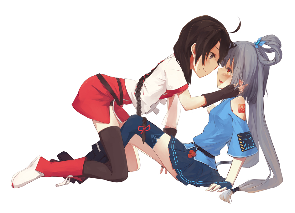 ahoge, all_fours, bare_shoulders, belt, black_eyes, black_hair, blush, bow