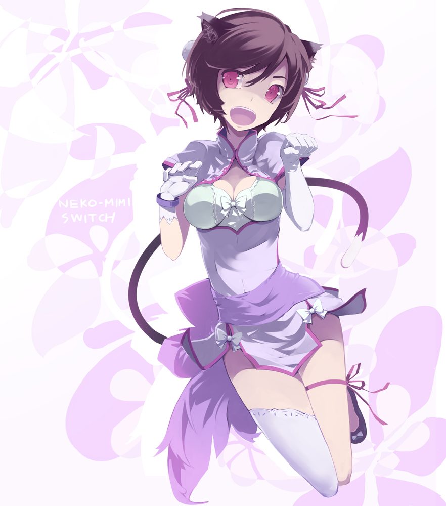 animal_ears, asymmetrical_clothes, breasts, brown_hair, cat_ears, cat_tail, cleavage, cosplay