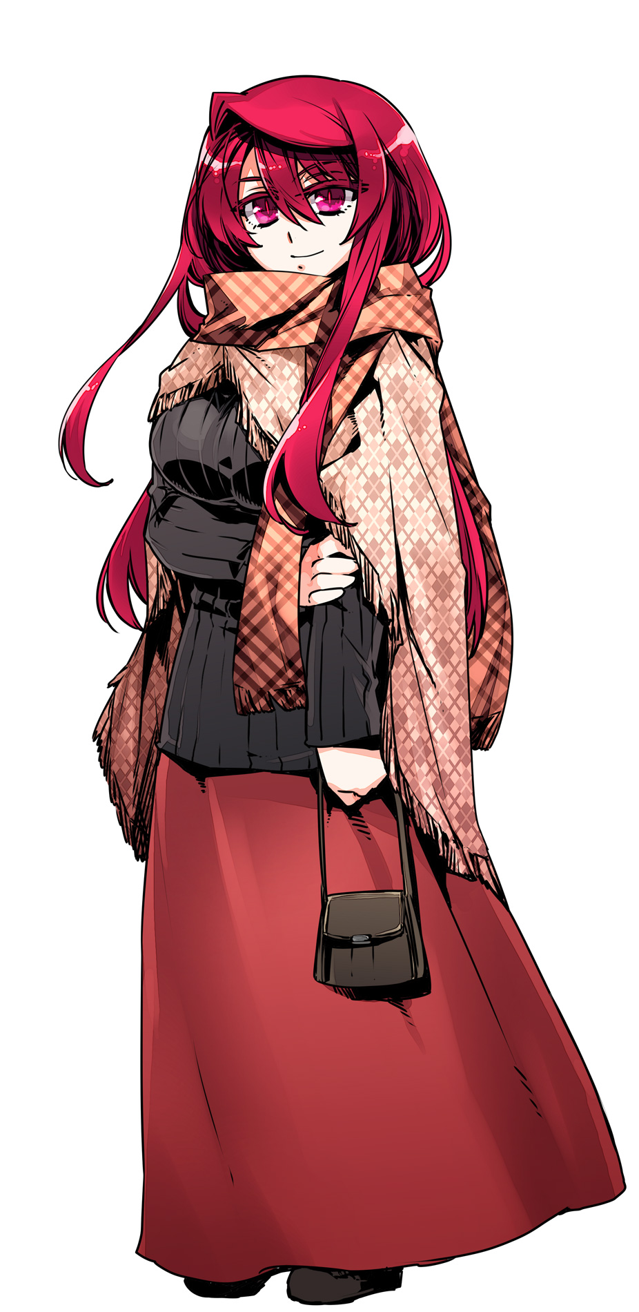 breasts, casual, dress, highres, ishida_akira, large_breasts, long_hair, maou_(maoyuu), maoyuu, maoyuu_maou_yuusha, purse, red_eyes, red_hair, redhead, ribbed_sweater, scarf, shawl, solo, sweater