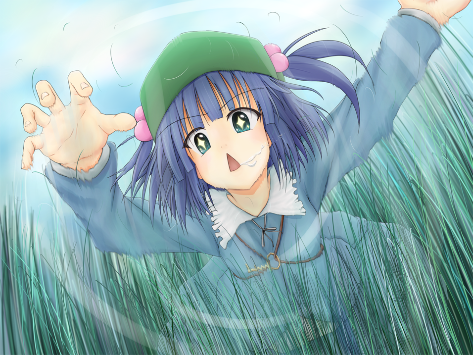 1girl, blue_eyes, blue_hair, hair_bobbles, hair_ornament, hat, kawashiro_nitori, key