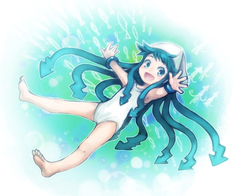 armpits, barefoot, blue_eyes, blue_hair, child, feet, hands, hat