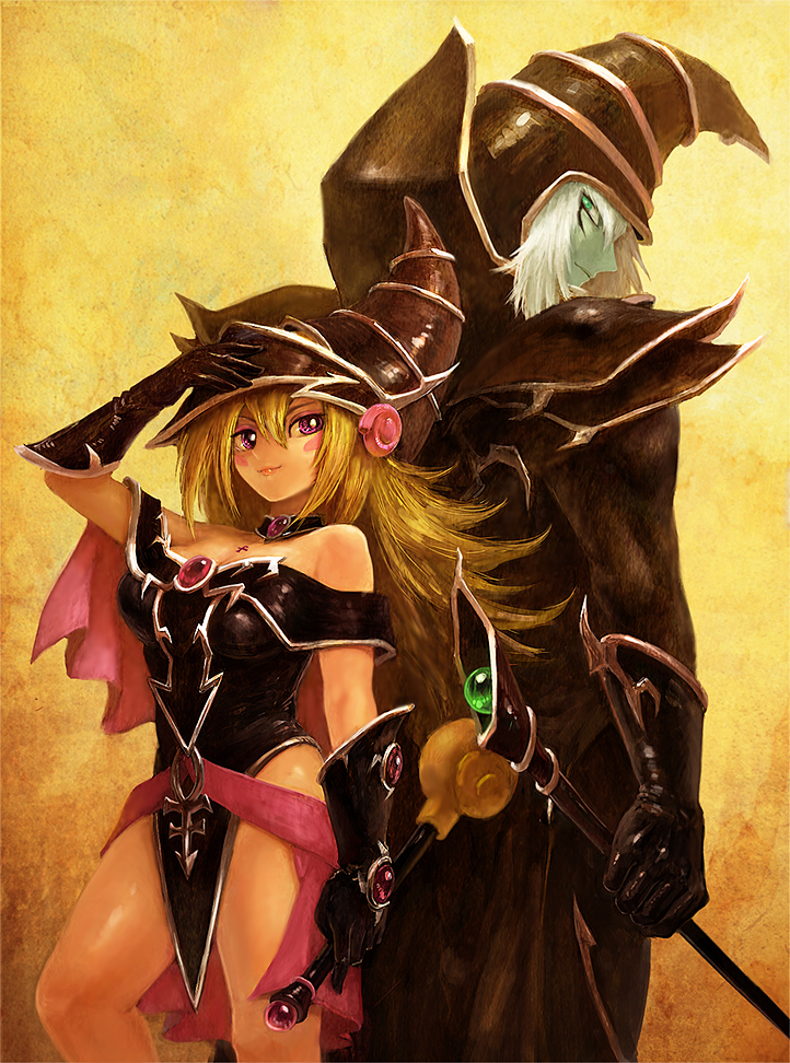 1girl, armor, back-to-back, bare_shoulders, blonde_hair, choker, dark_magician, duel_monster