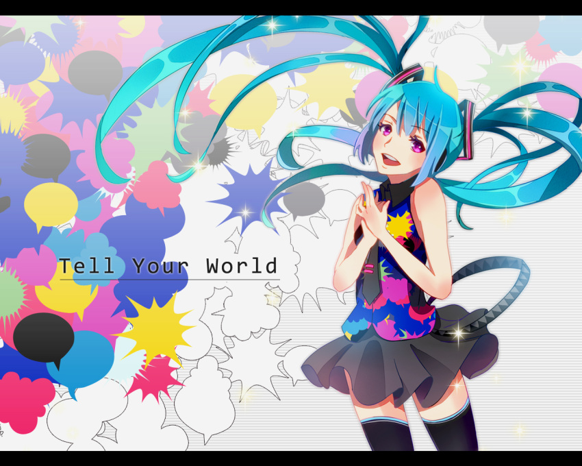 aqua_hair, floating_hair, hands_on_own_chest, hatsune_miku, letterboxed, long_hair, necktie, open_mouth