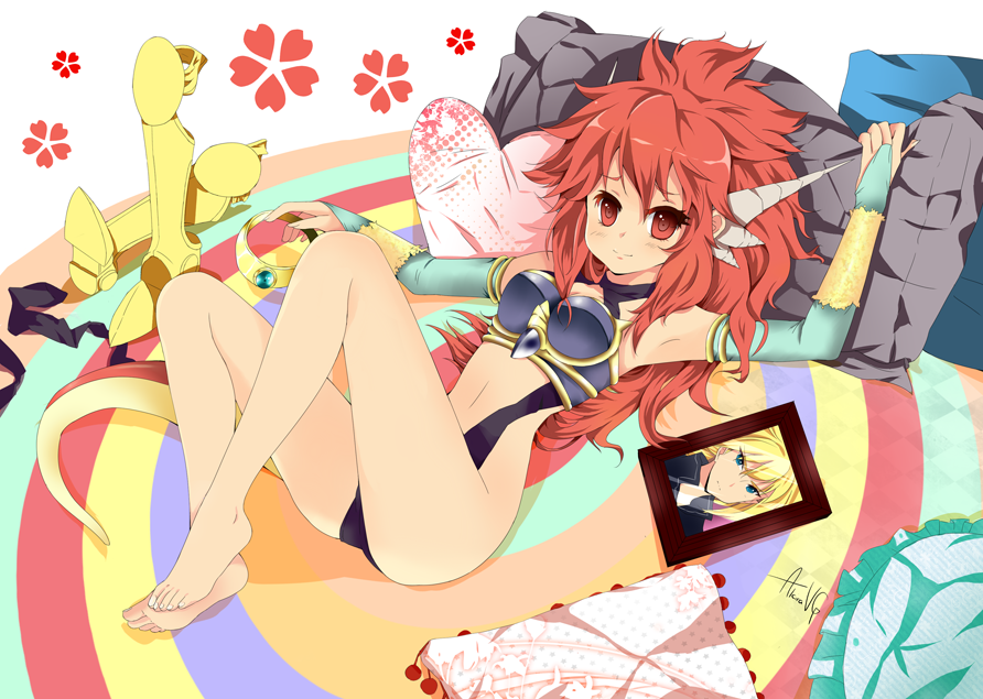 alci-chan, armor, armpits, barefoot, big_hair, bridal_gauntlets, dick_saucer, dragon_half, feet, frame, heart, heart_pillow, horns, long_hair, lying, mink, pillow, red_eyes, red_hair, redhead, signature