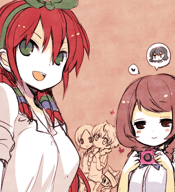 3girls, braid, brown_hair, camera, green_eyes, hair_ribbon, inazuma_eleven, inazuma_eleven_(series)