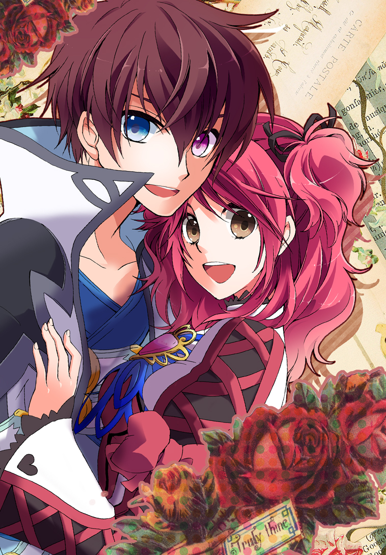 1girl, asbel_lhant, blue_eyes, brown_eyes, brown_hair, cheria_barnes, couple, flower