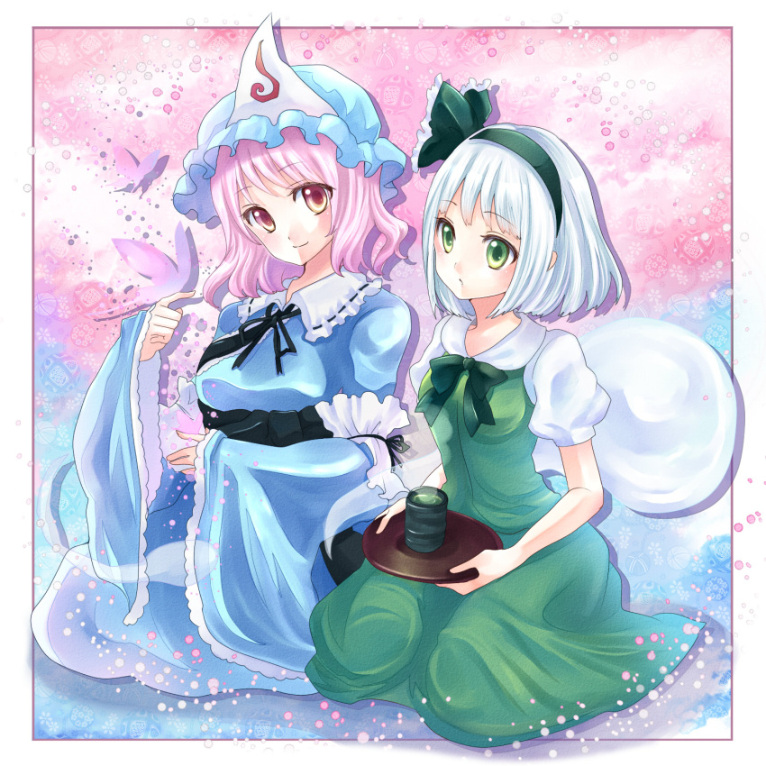 blush, breasts, butterfly, cup, ghost, green_eyes, hair_ribbon, hairband, haou, hat, highres, japanese_clothes, konpaku_youmu, konpaku_youmu_(ghost), multiple_girls, pink_eyes, pink_hair, ribbon, saigyouji_yuyuko, short_hair, silver_hair, sitting, skirt, smile, teacup, touhou, tray, triangular_headpiece, vest