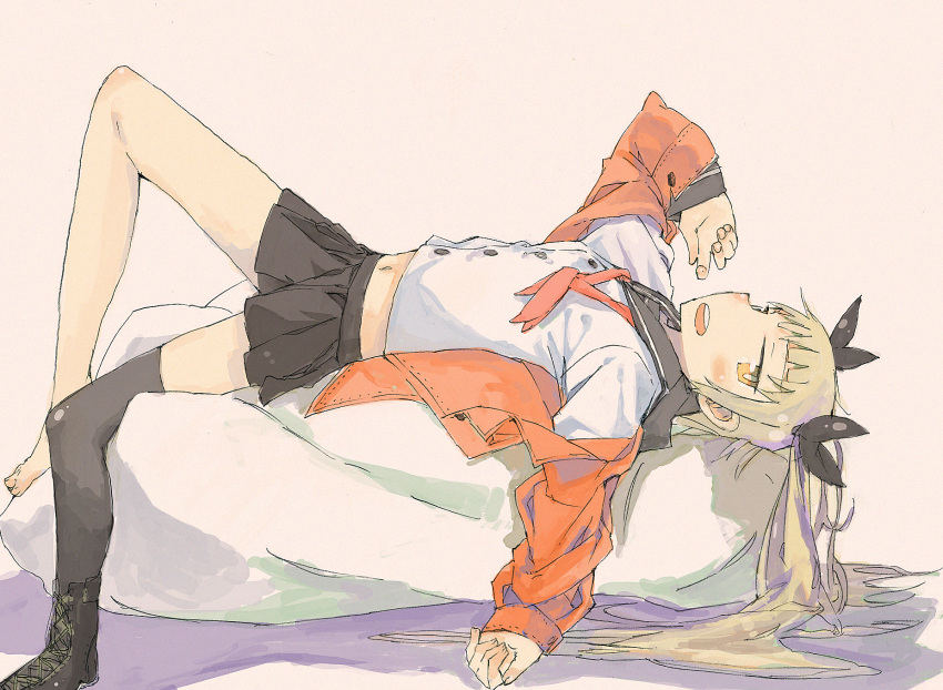 ankle_boots, bangs, barefoot, bean_bag, black_legwear, blonde_hair, blunt_bangs, coat