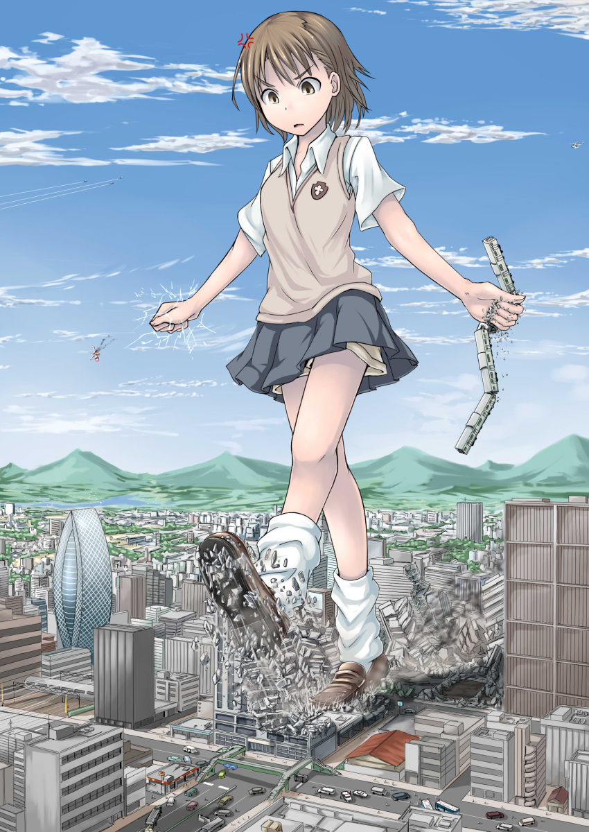 anger_vein, biribiri, brown_eyes, brown_hair, building, car, city, cloud