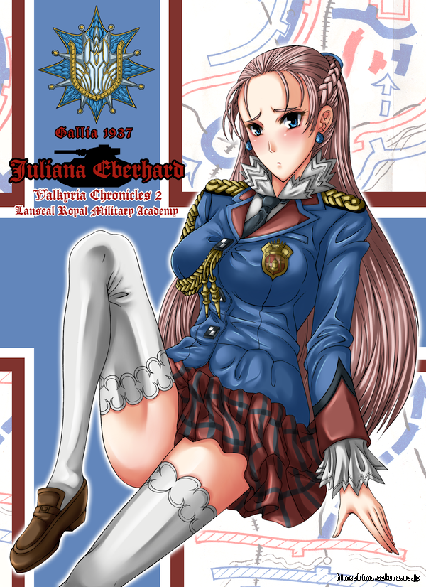blue_eyes, earrings, female, himeshima, long_hair, military_uniform, miniskirt, necktie