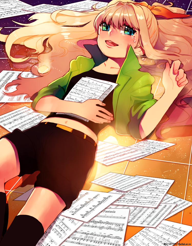 blonde_hair, blue_eyes, casual, long_hair, looking_at_viewer, lying, on_back, open_mouth
