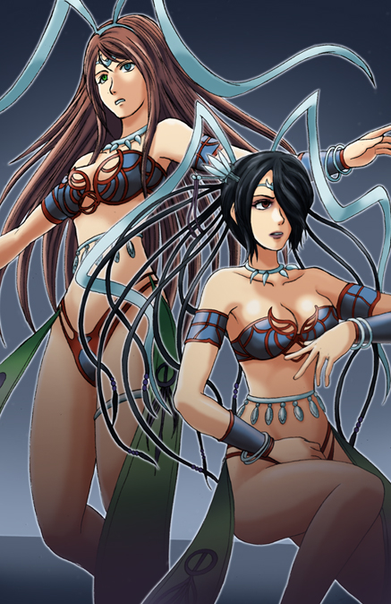 2girls, armband, bare_shoulders, bikini_armor, black_hair, blue_eyes, bracelet, brown_hair, choker, cosplay, female, final_fantasy, final_fantasy_x, g.u._(pixiv), green_eyes, hair_over_one_eye, heterochromia, long_hair, lulu, red_eyes, tiara, very_long_hair, wristband, yuna, yunalesca, yunalesca_(cosplay)