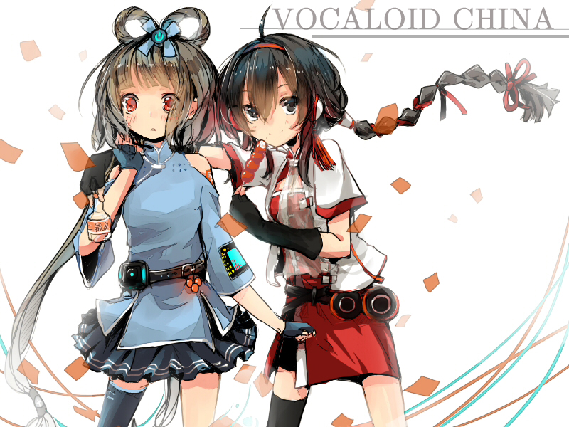 bare_shoulders, belt, black_eyes, black_hair, bow, braid, eating, fingerless_gloves