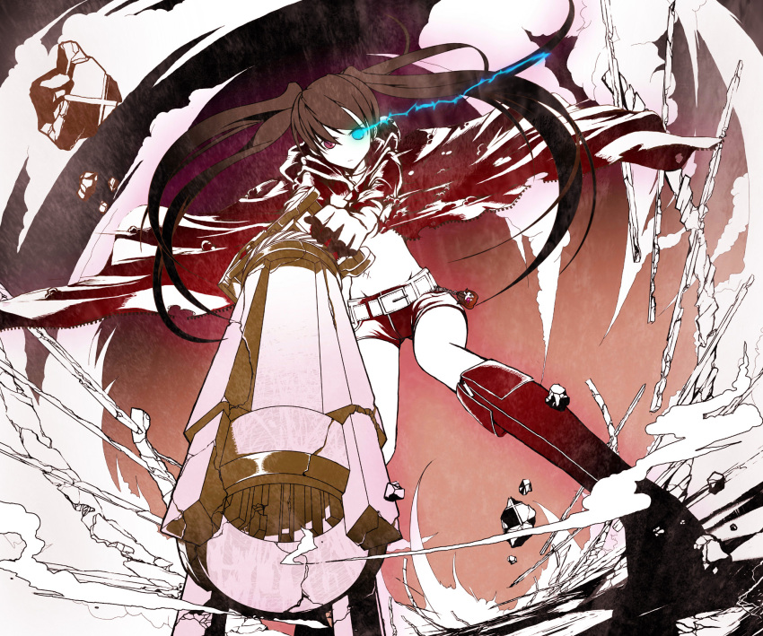 black_hair, black_rock_shooter, black_rock_shooter_(character), blue_eyes, boots, cannon, coat, from_below