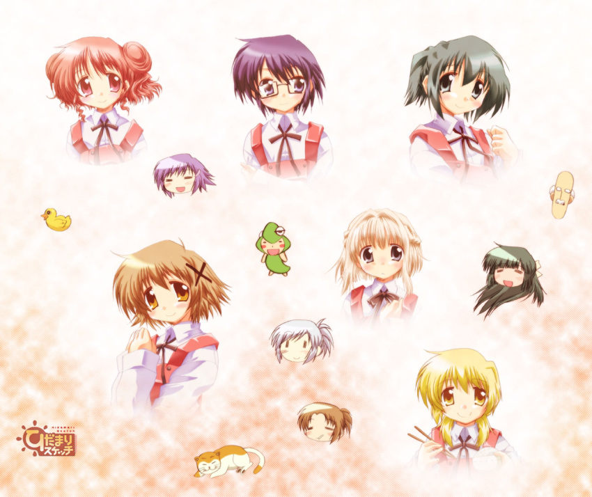blonde_hair, blush, brown_eyes, brown_hair, cat, chika, food, glasses