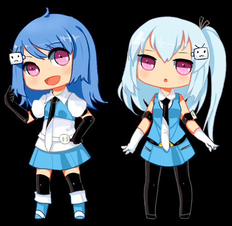 2girls, ahoge, aqua_hair, armband, bare_shoulders, bili_bili_douga, bili_girl_22, bili_girl_33