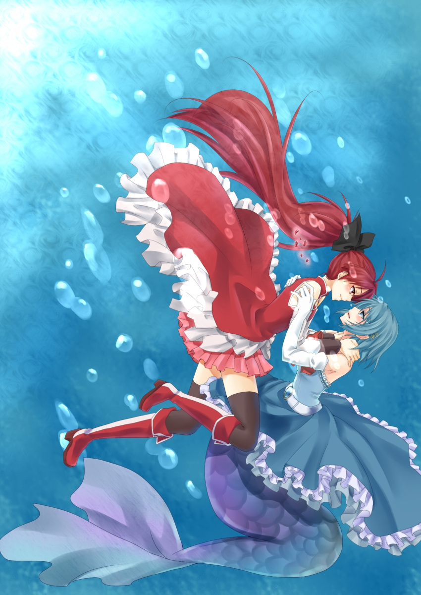 black_legwear, blue_eyes, blue_hair, boots, bow, dress, elbow_gloves, eye_contact, gloves, hair_bow, highres, long_hair, looking_at_another, magical_girl, mahou_shoujo_madoka_magica, mermaid, miki_sayaka, monster_girl, multiple_girls, oktavia_von_seckendorff, red_eyes, red_hair, redhead, sakura_kyouko, short_hair, spoilers, thigh-highs, thighhighs, tomato-ed, underwater, white_gloves, yuri