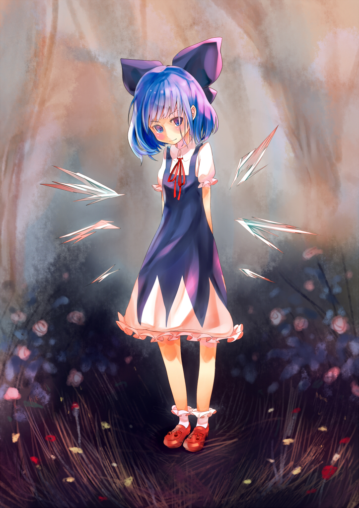 arms_behind_back, blue_eyes, blue_hair, blush, cirno, dress, flower, flowers