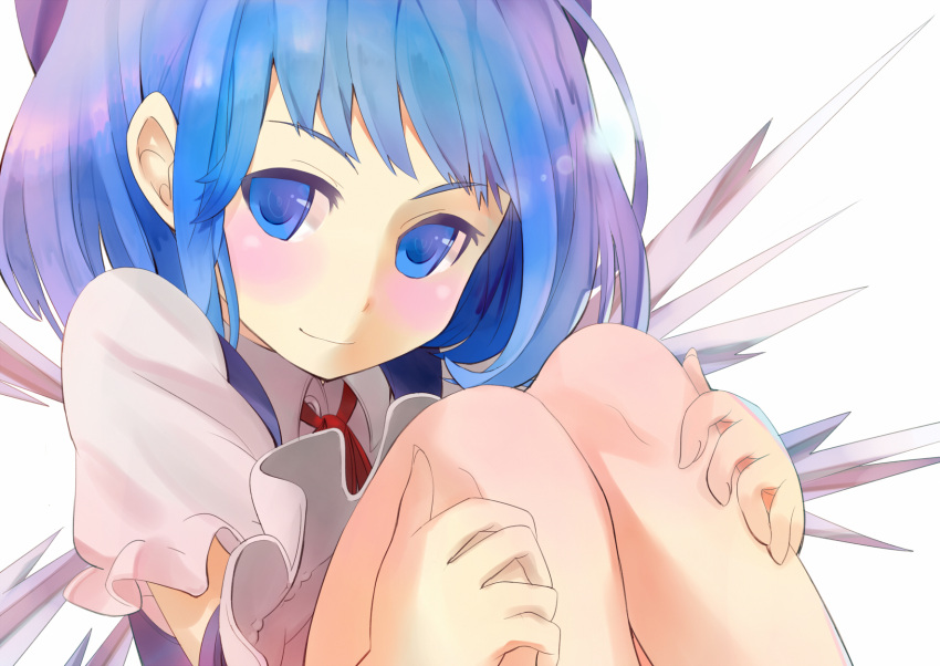 bad_id, blush, cirno, face, highres, kokono_(sakaebaka), leg_hug, solo