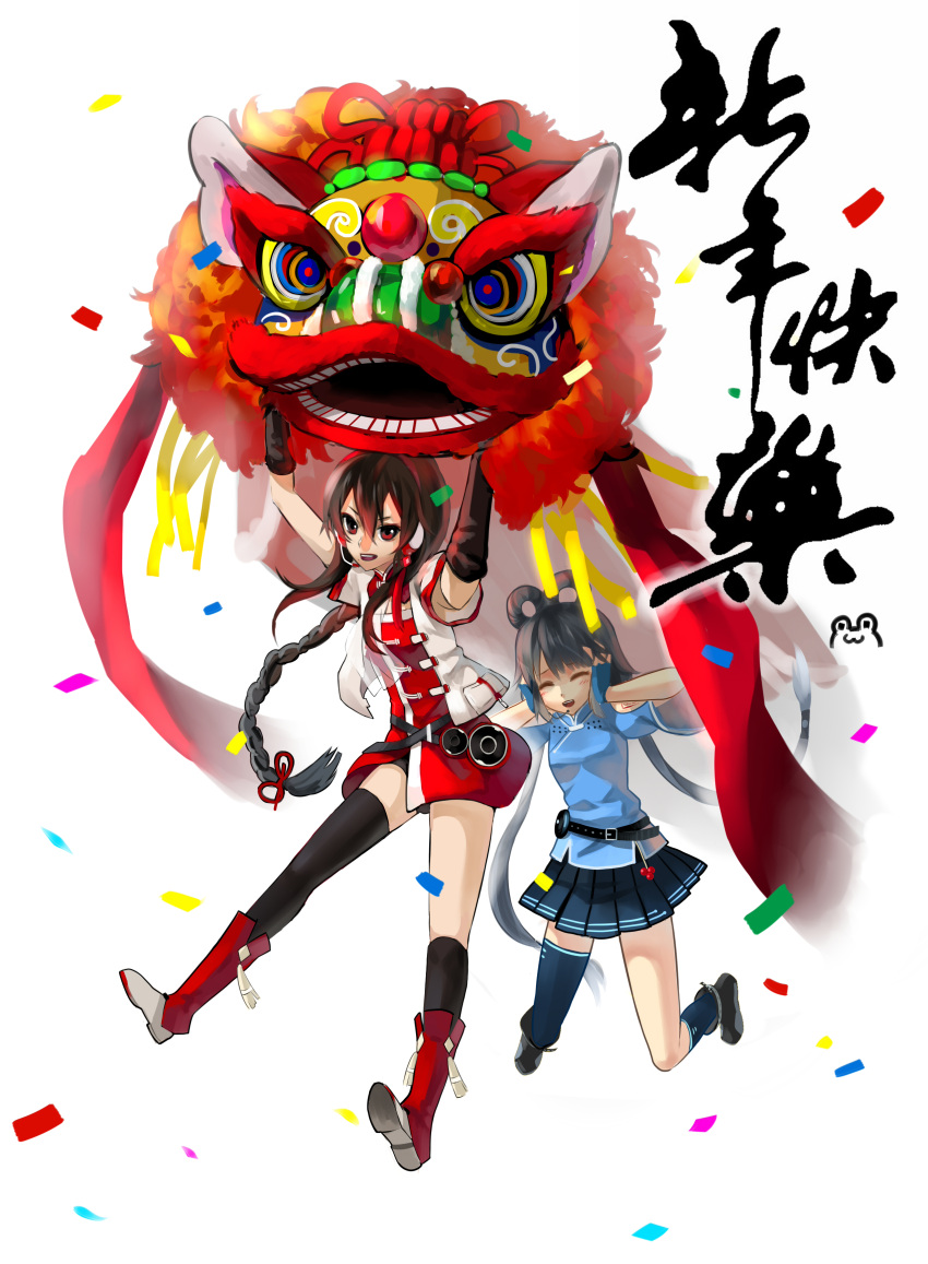 absurdres, black_hair, bow, character_request, dragon, gloves, grey_hair, highres