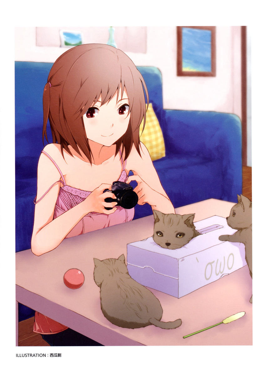 absurdres, artist_request, ball, bare_shoulders, blurry, brown_eyes, brown_hair, camera