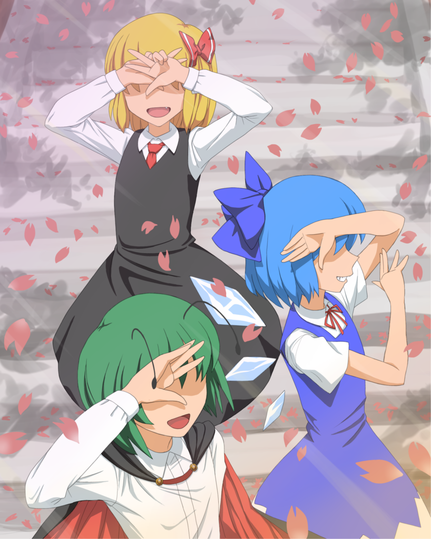 arms_up, blonde_hair, blue_hair, cape, cirno, covering_eyes, danshi_koukousei_no_nichijou, dress, eyes_hidden, green_hair, hidden_eyes, multiple_girls, open_mouth, parody, petals, rumia, short_hair, smile, stairs, team_9, touhou, wings, wriggle_nightbug, yamija, yamijya, youkai