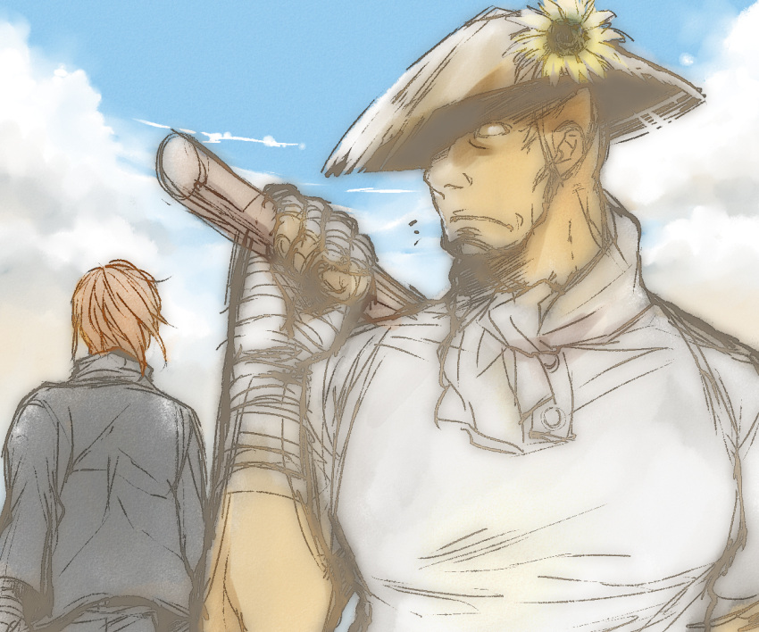 adon, casual, cloudy_sky, flower, hair_down, hat, hat_flower, hikage_mono, jacket, multiple_boys, multiple_girls, neckerchief, no_pupils, pole, red_hair, redhead, sagat, shaded_face, straw_hat, street_fighter, walking, wrist_wraps