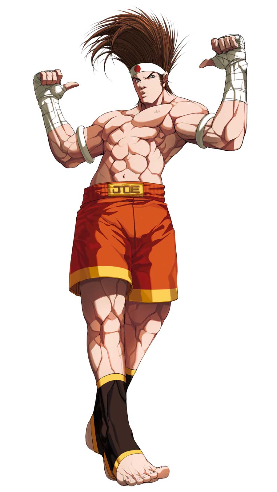 1boy, abs, ankle_wraps, armlet, barefoot, big_hair, brown_hair, falcoon
