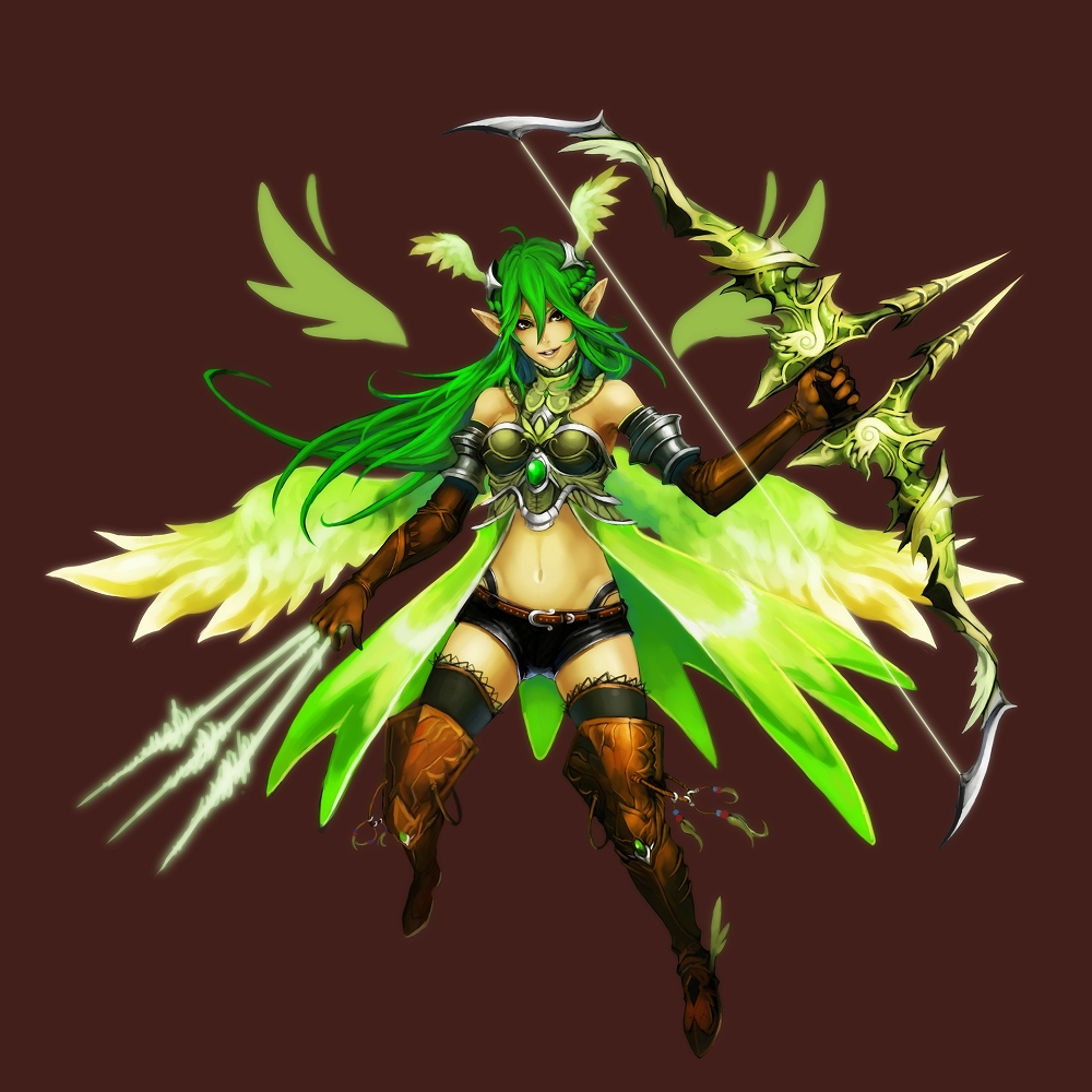 archer, armor, armpits, arrow, bare_shoulders, belt, boots, bow