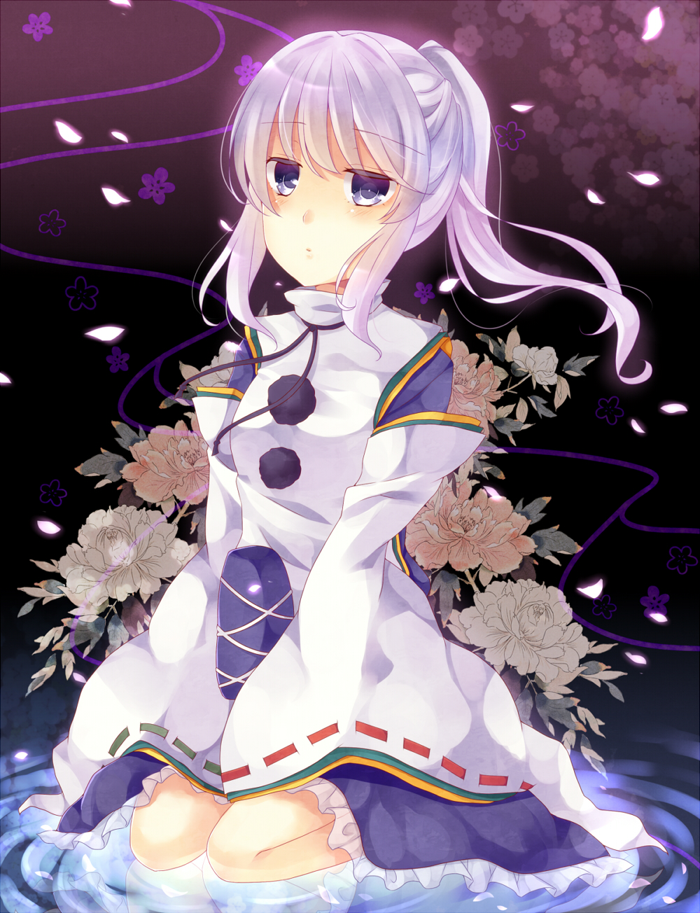 bad_id, blue_eyes, flower, hands_on_lap, hat, hat_on_lap, headwear_removed, highres