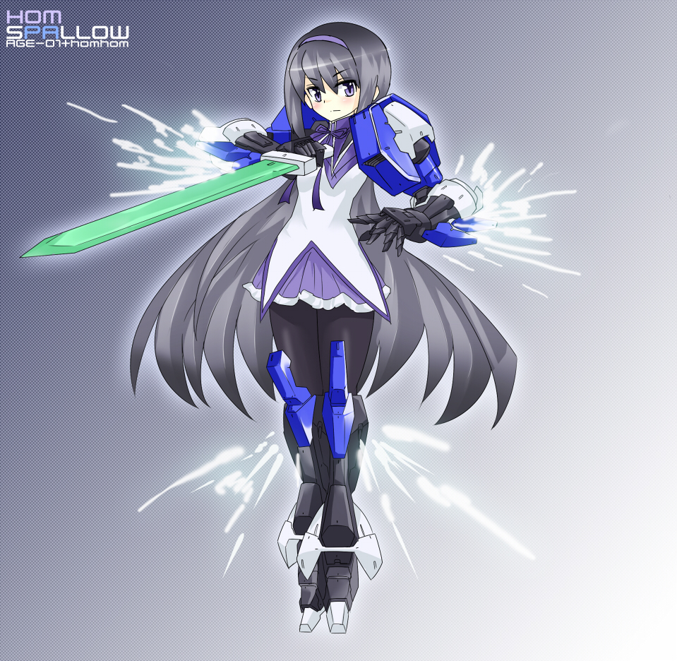 akemi_homura, black_hair, gundam, gundam_age, gundam_age-1, gundam_age-1_spallow, hairband, long_hair, mahou_shoujo_madoka_magica, mecha_musume, nadare3nwm, pantyhose, purple_eyes, skirt, solo, sword, very_long_hair, violet_eyes, weapon