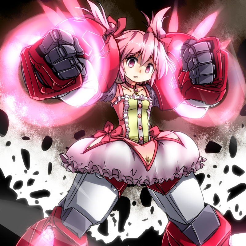 armor, bow, bubble_skirt, choker, debris, dress, fusion, gundam