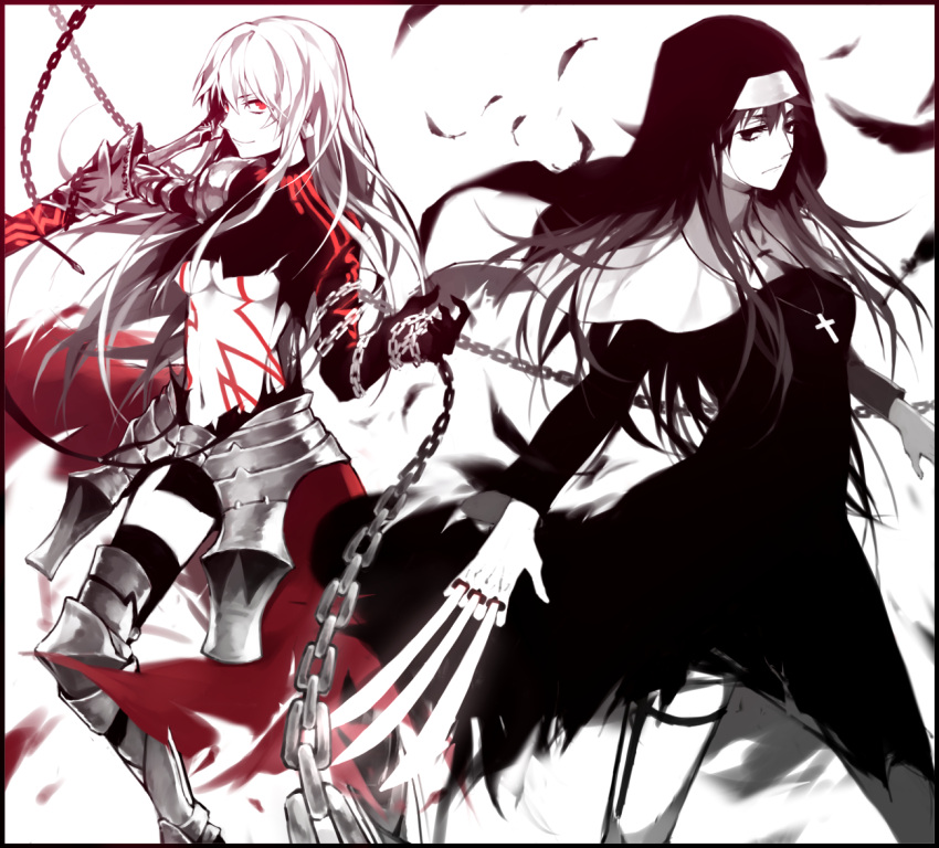 armor, black_keys, blonde_hair, bodypaint, breasts, chain, chains, dual_wielding