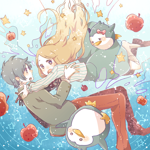 1girl, apple, bird, blue_hair, brother_and_sister, brown_hair, falling, food