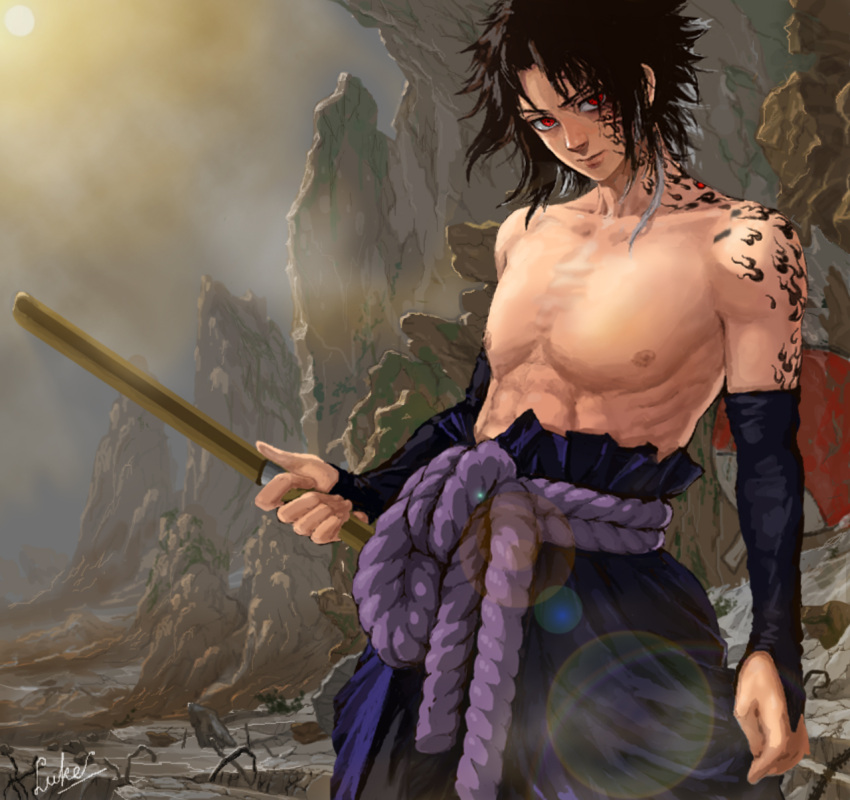 abs, bare_shoulders, black_hair, highres, lens_flare, looking_at_viewer, luke_(artist), luke_uehara, male, muscle, naruto, red_eyes, shirtless, signature, solo, standing, sun, sword, uchiha_sasuke, weapon