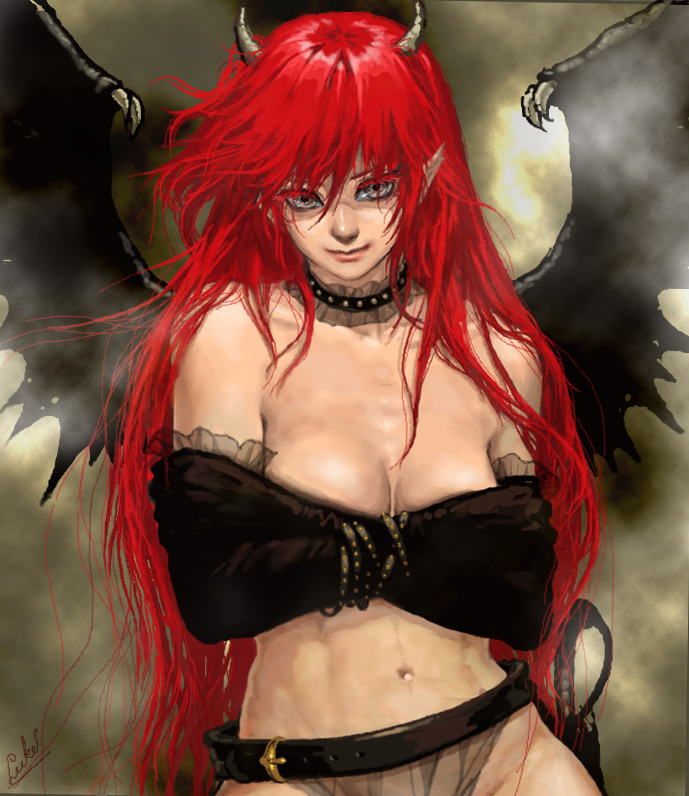 belt, black, breasts, choker, cleavage, crossed_arms, demon_girl, elbow_gloves, gloves, hips, horns, loincloth, long_hair, looking_at_viewer, luke_(artist), luke_uehara, midriff, muscle, navel, original, pointy_ears, red, red_hair, redhead, shirtless, signature, smile, solo, succubus, topless, weapon, white_eyes, wings