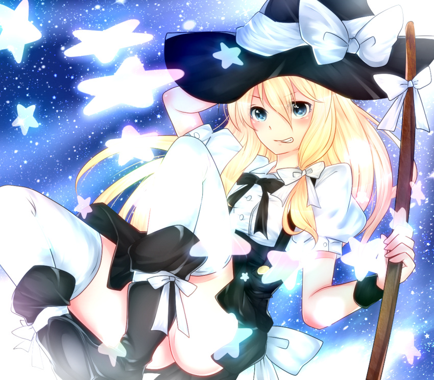 aoi_(husiginokuninoa), blonde_hair, blue_eyes, hat, kirisame_marisa, long_hair, ribbon, solo