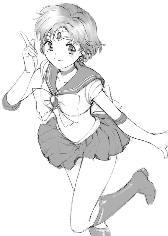 bishoujo_senshi_sailor_moon, boots, bow, earrings, greyscale, jewelry, knee_boots, magical_girl