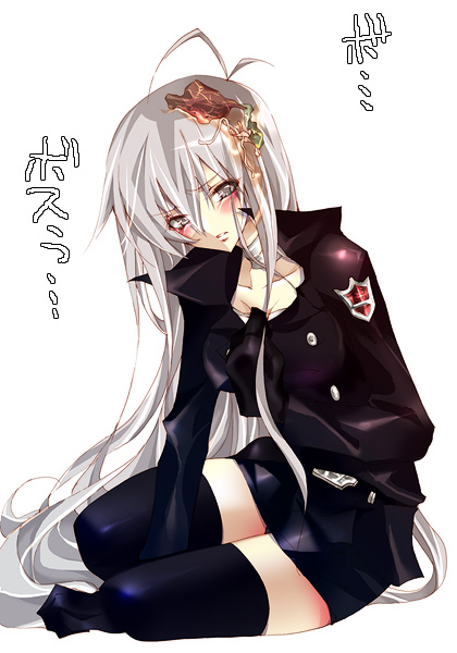 ahoge, bandages, blush, genderswaper, grey_eyes, grey_hair, katekyou_hitman_reborn, long_hair, reborn, silver_hair, squalo, thigh_highs, white_hair
