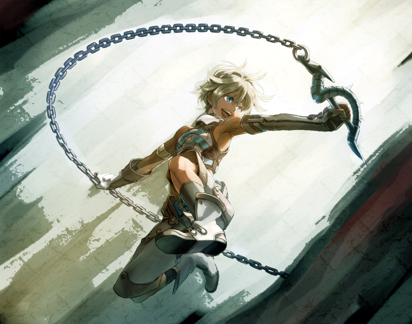 atuki-kodou, bad_id, blonde_hair, blue_eyes, chain, chains, elbow_gloves, gloves, highres, jumping, male, pixiv, pixiv_fantasia, short_hair