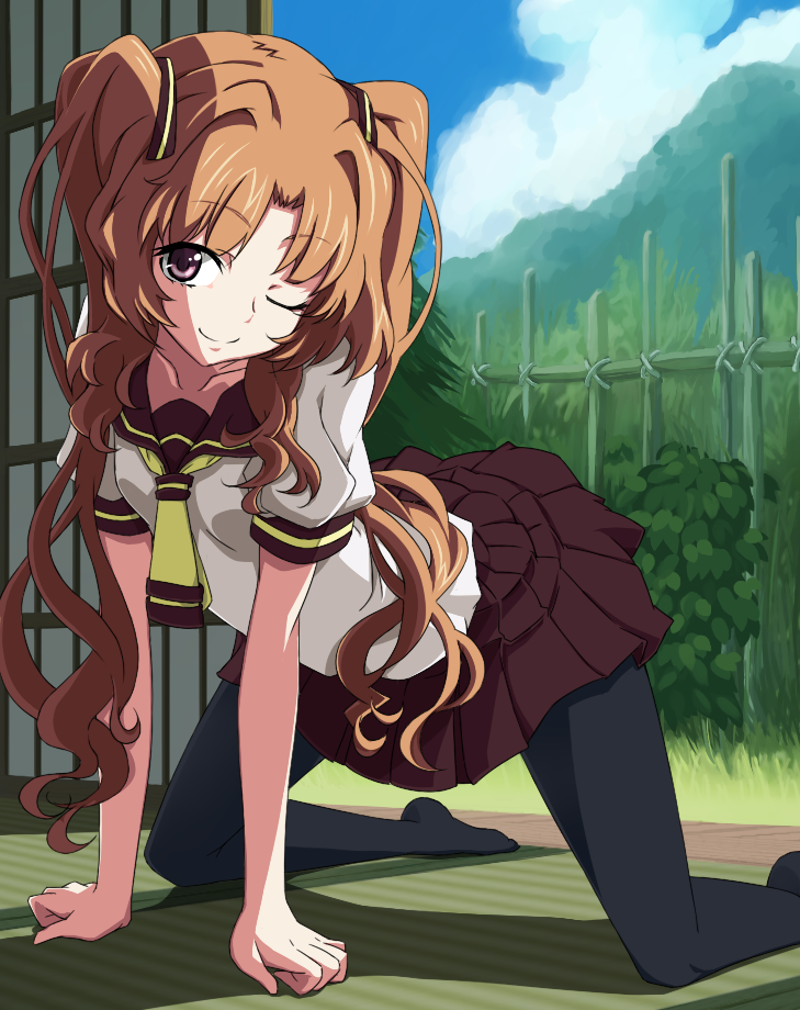all_fours, ano_natsu_de_matteru, bad_id, bamboo_fence, black_legwear, brown_hair, cloud, grass